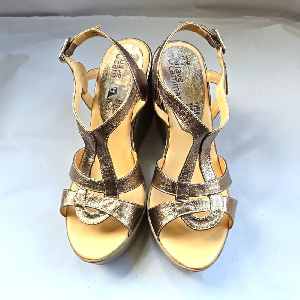 Suave Caminar Gold Metallic Strappy Wedge Heels Women's size 5.5 - Picture 2 of 8